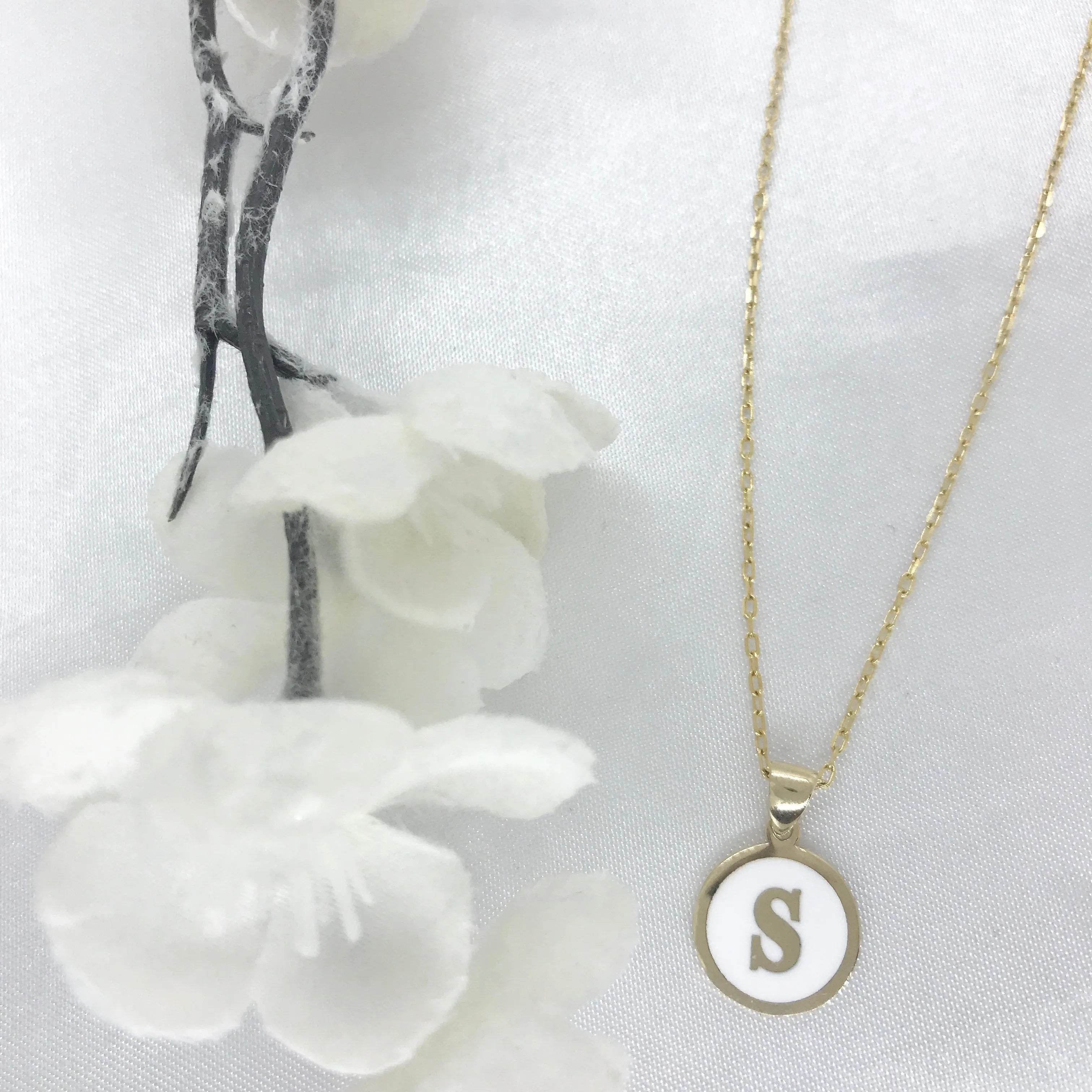 10k Gold White Enamel Letter Disc Necklace