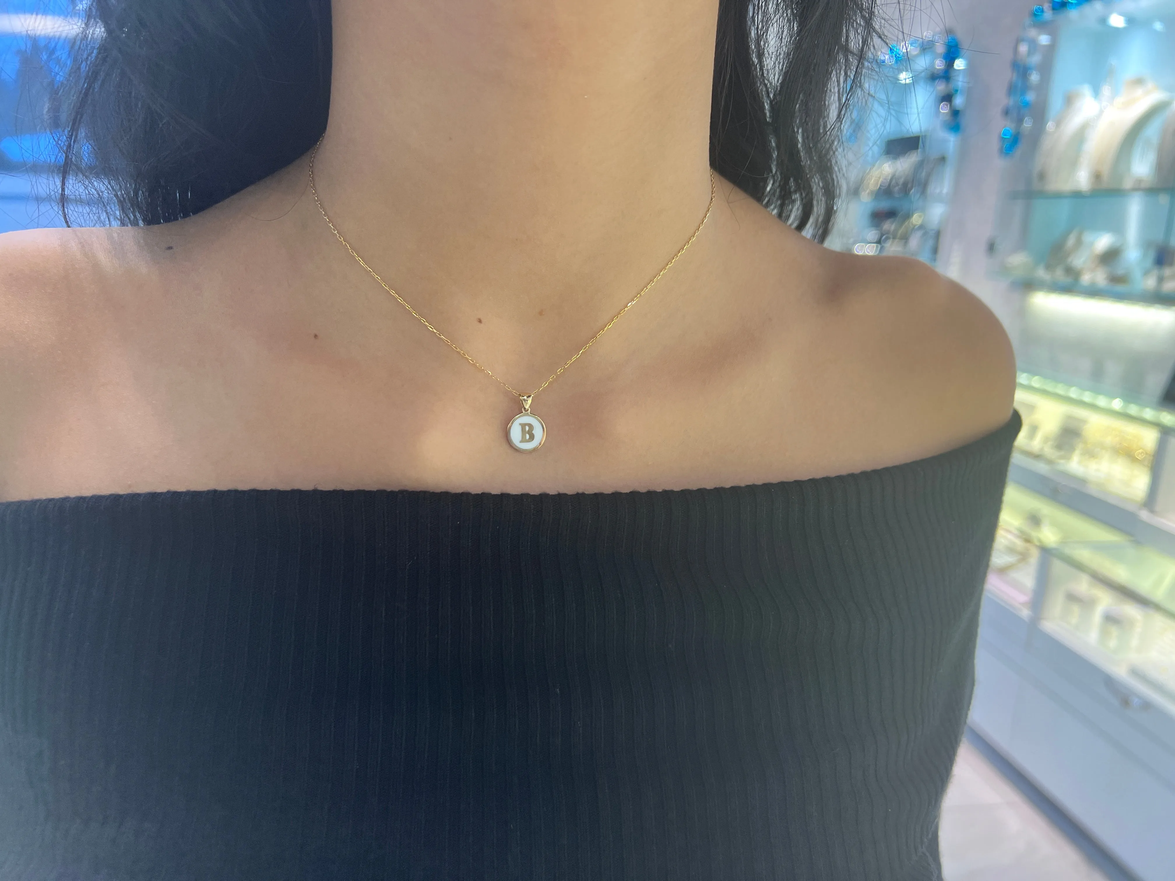 10k Gold White Enamel Letter Disc Necklace