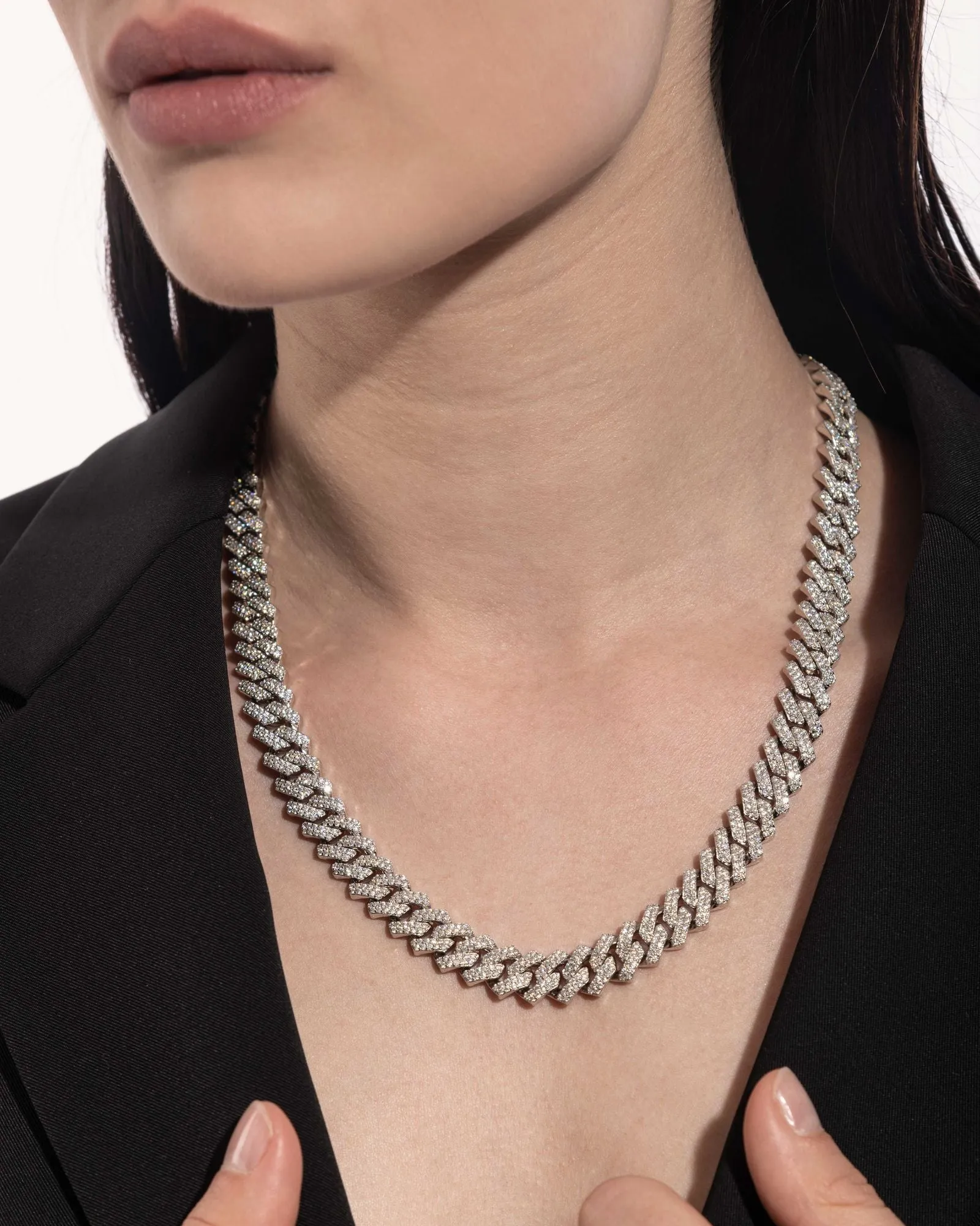 10mm Prong Pav Rhodium coated Silver Necklace w. Moissanite