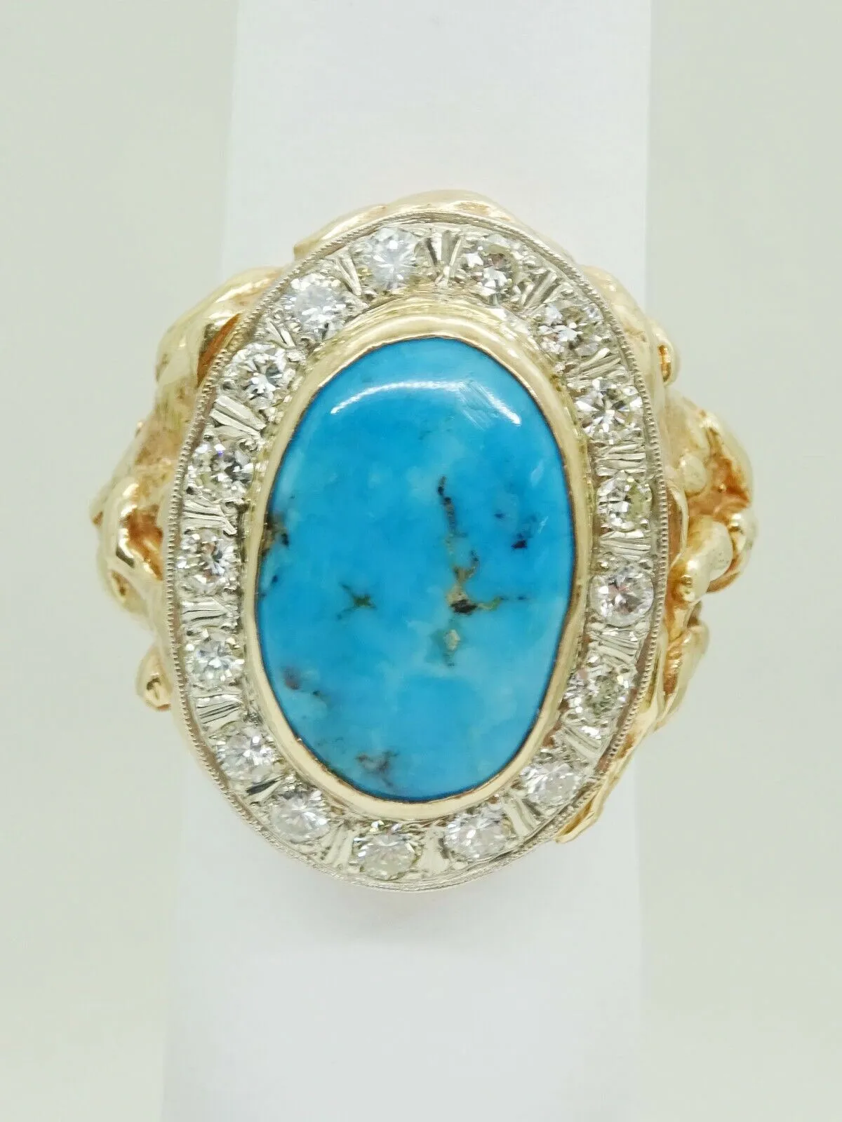 13ct tw Large Natural Turquoise & Earth Mined Diamond Ring 14k Gold Size 10.25