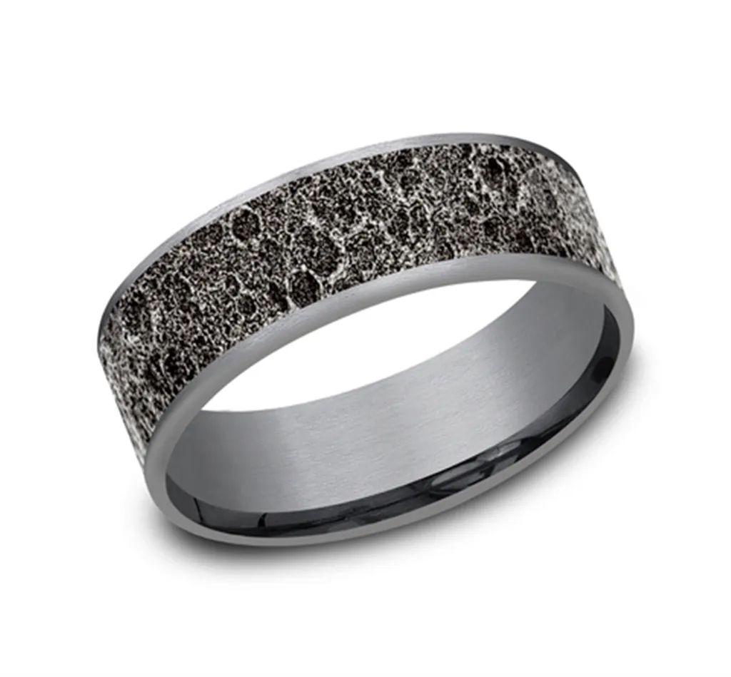 14K White Gold And Dark Grey Tantalum Moon Rock Finish Center 7.5mm Wedding Band