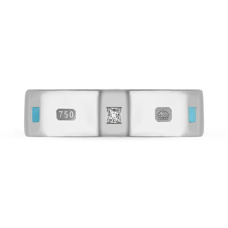 18ct White Gold Turquoise 0.18ct Diamond Queen's Jubilee Hallmark Princess Cut 6mm Ring D
