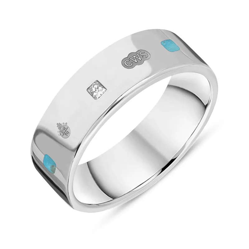 18ct White Gold Turquoise 0.18ct Diamond Queen's Jubilee Hallmark Princess Cut 6mm Ring D