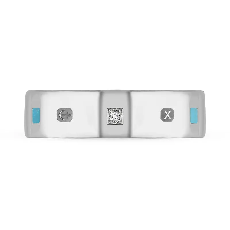 18ct White Gold Turquoise 0.18ct Diamond Queen's Jubilee Hallmark Princess Cut 6mm Ring D