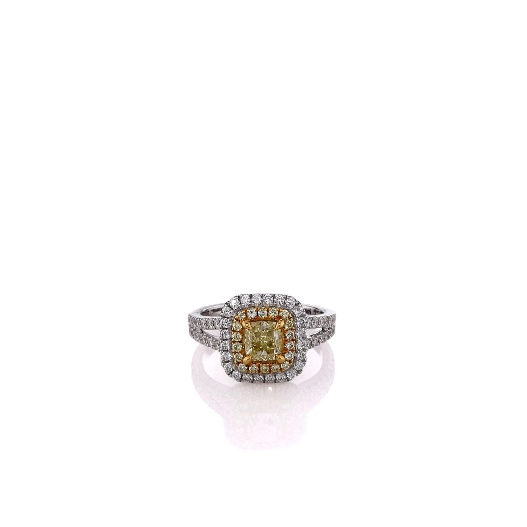 18k Two-Tone Double Halo and Split Shank Yellow and White Diamond Ring