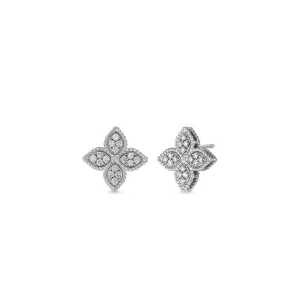 18K WHITE GOLD PRINCESS FLOWER MEDIUM DIAMOND STUD EARRINGS