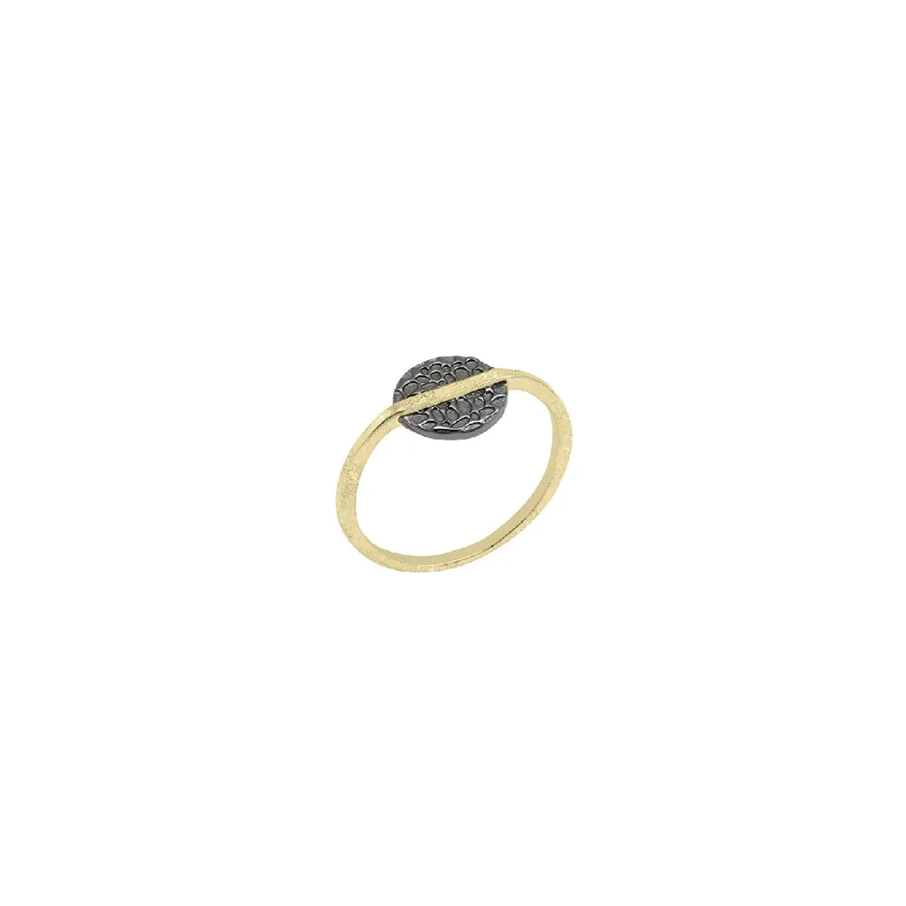 18K Yellow Gold Vermeil Black Ruthenium Textured Circle Rin