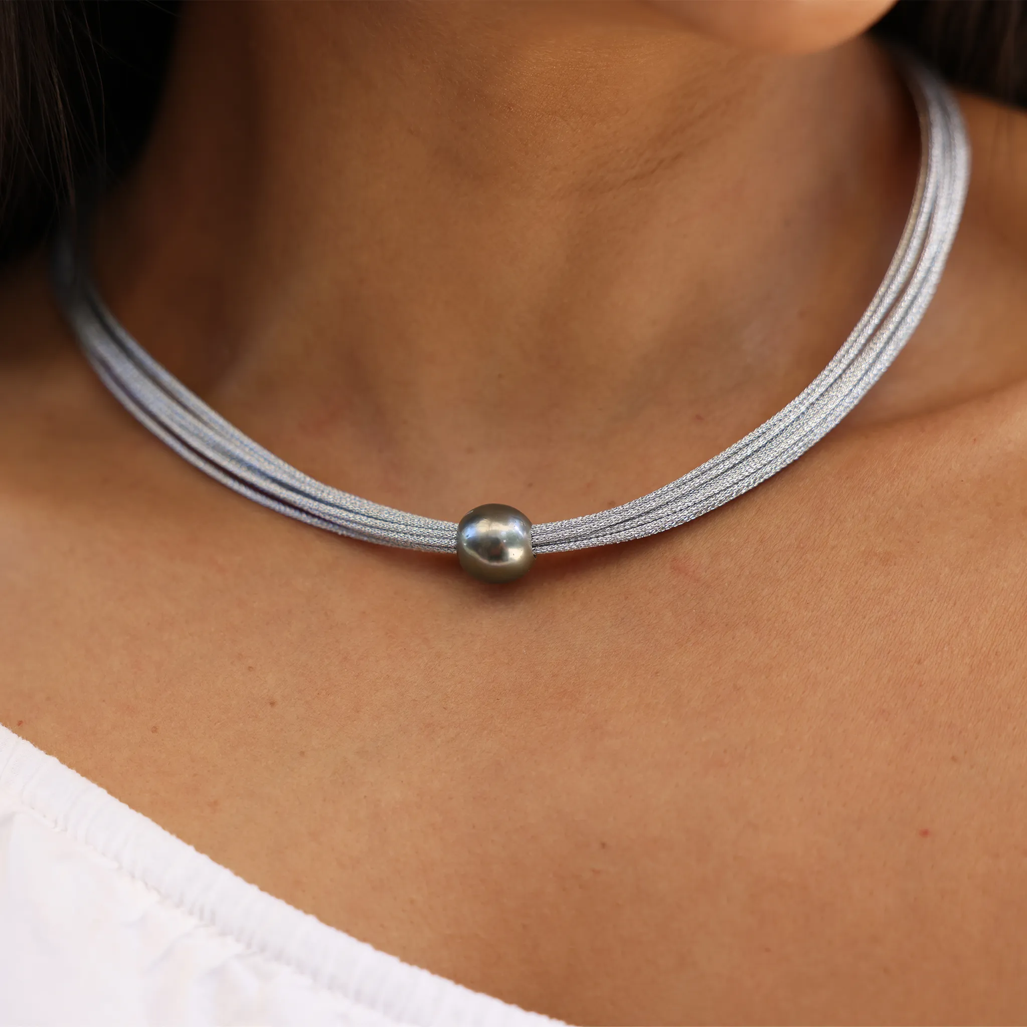 18" Tahitian Black Pearl Necklace in Stainless Steel - 12-14mm