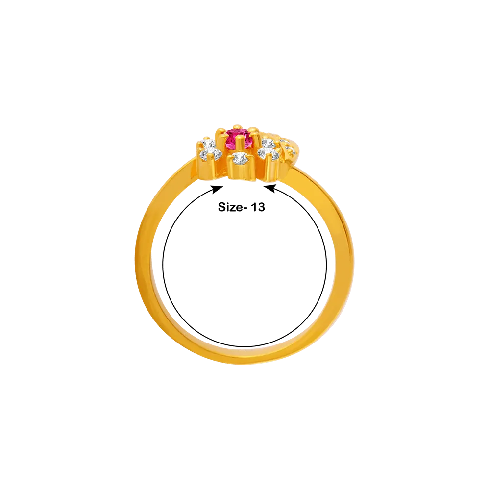 22KT Yellow Gold, American Diamond And Ruby Ring For Women