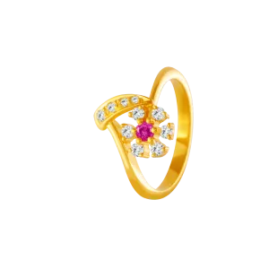 22KT Yellow Gold, American Diamond And Ruby Ring For Women