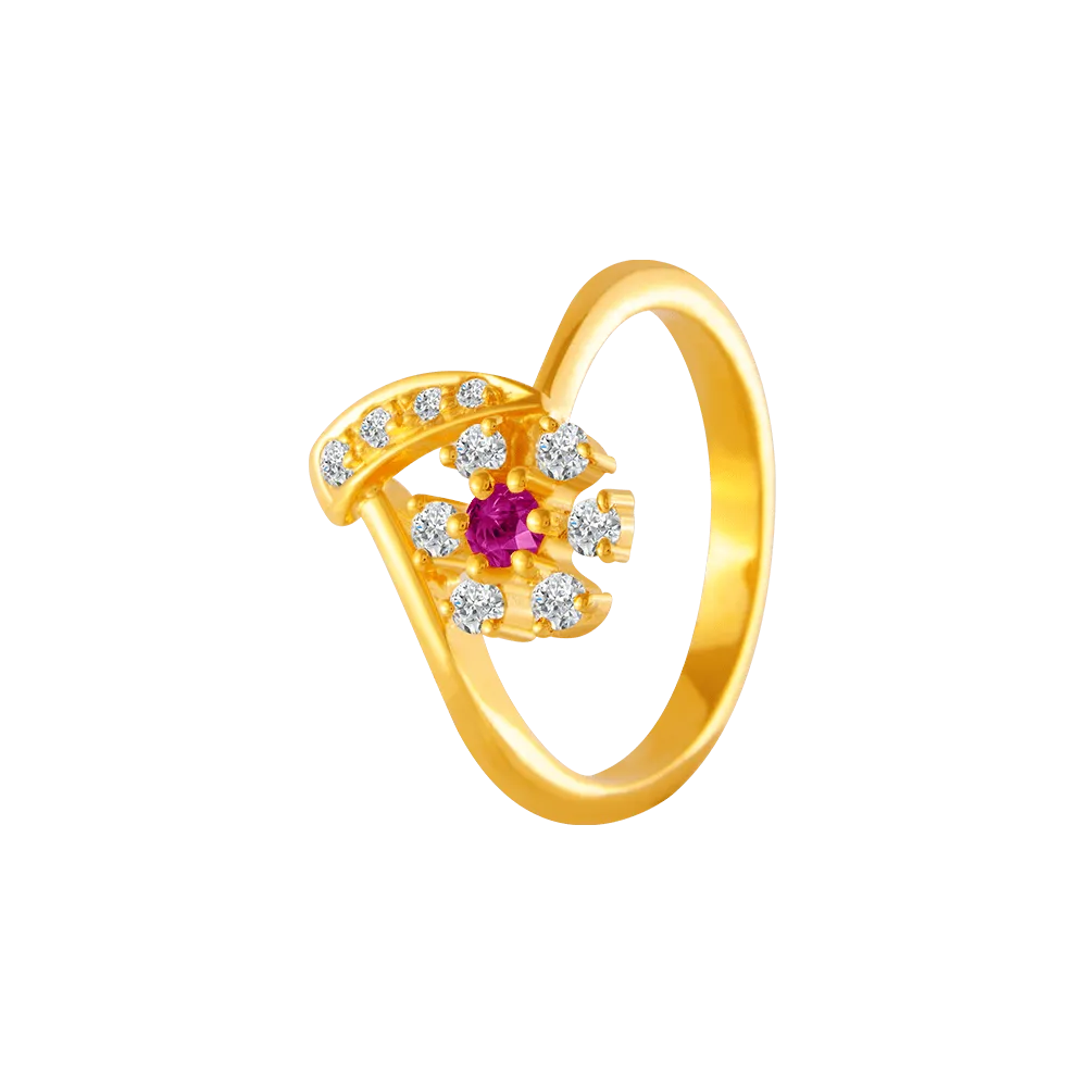 22KT Yellow Gold, American Diamond And Ruby Ring For Women