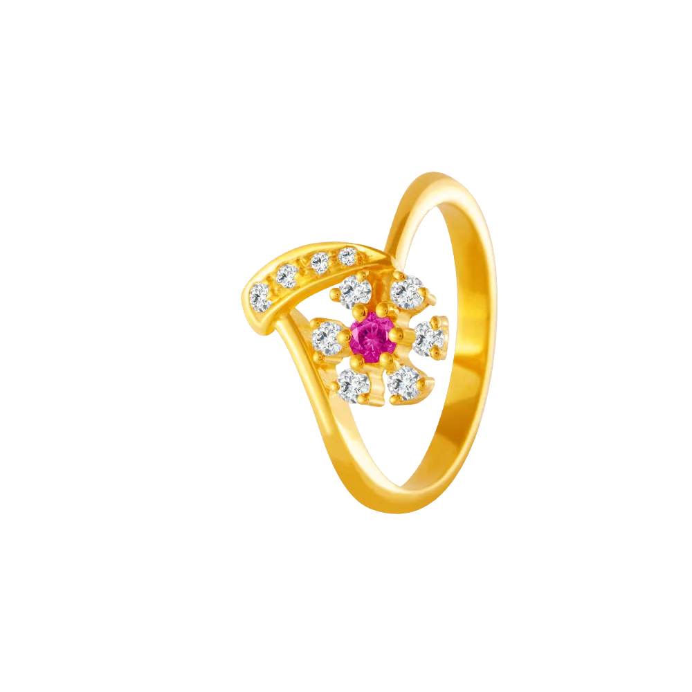 22KT Yellow Gold, American Diamond And Ruby Ring For Women