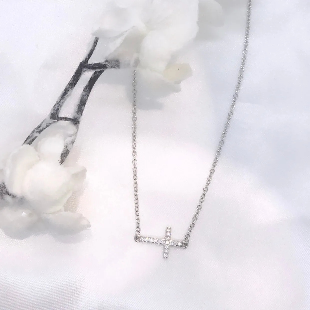 925 Sterling Silver Sideways CZ Cross Necklace