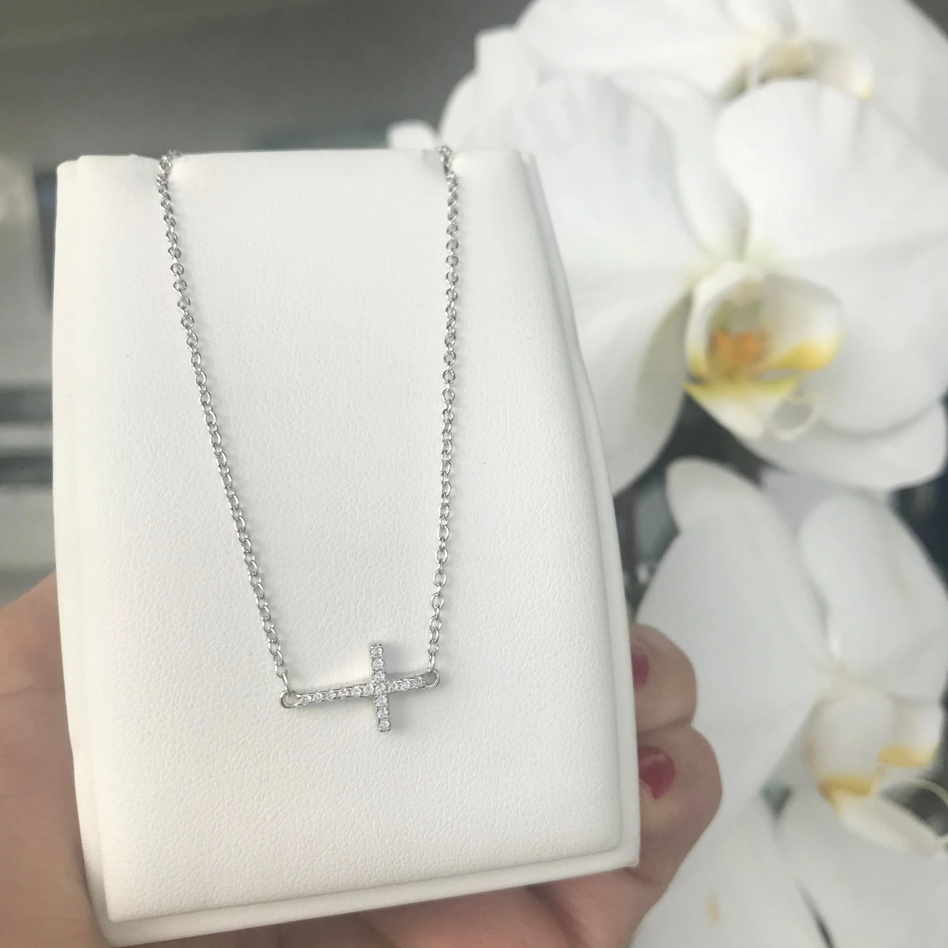 925 Sterling Silver Sideways CZ Cross Necklace