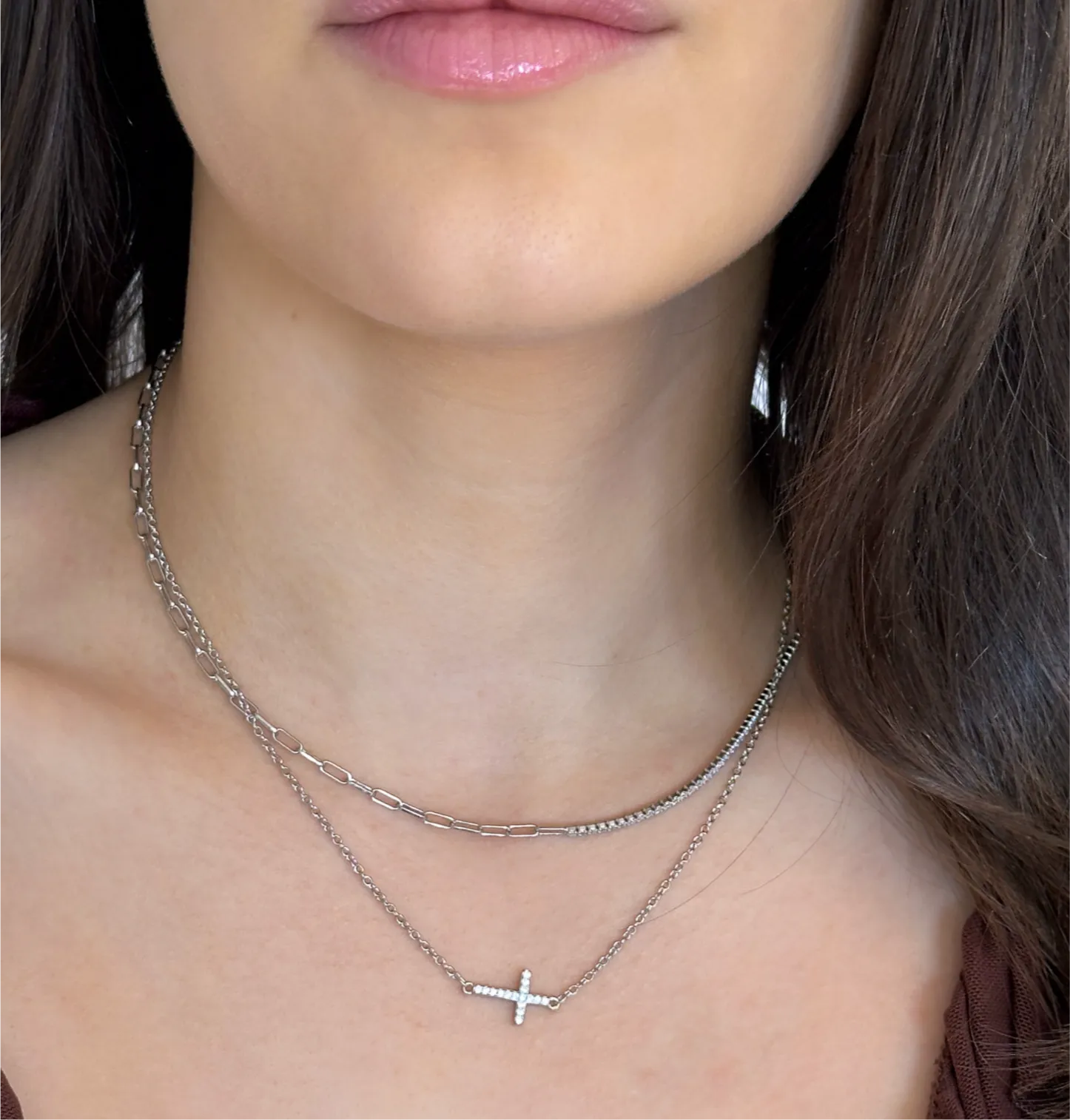 925 Sterling Silver Sideways CZ Cross Necklace