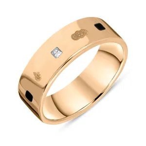 9ct Rose Gold Whitby Jet 0.18ct Diamond Queen's Jubilee Hallmark Princess Cut 6mm Ring D