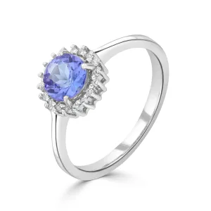 9K White Gold Tanzanite & Diamond Halo Ring