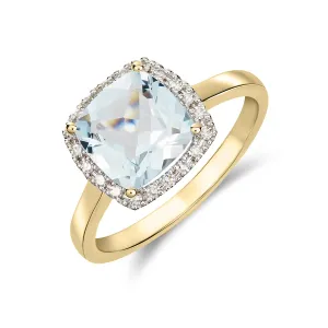 9K Yellow Gold Cushion Aquamarine & Diamond Halo Ring