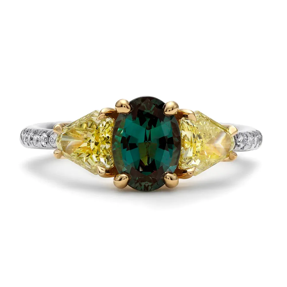 Alexandrite and Shield Yellow Diamond Three Stone Ring