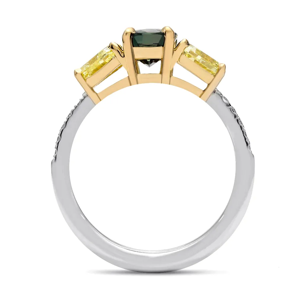 Alexandrite and Shield Yellow Diamond Three Stone Ring