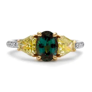 Alexandrite and Shield Yellow Diamond Three Stone Ring