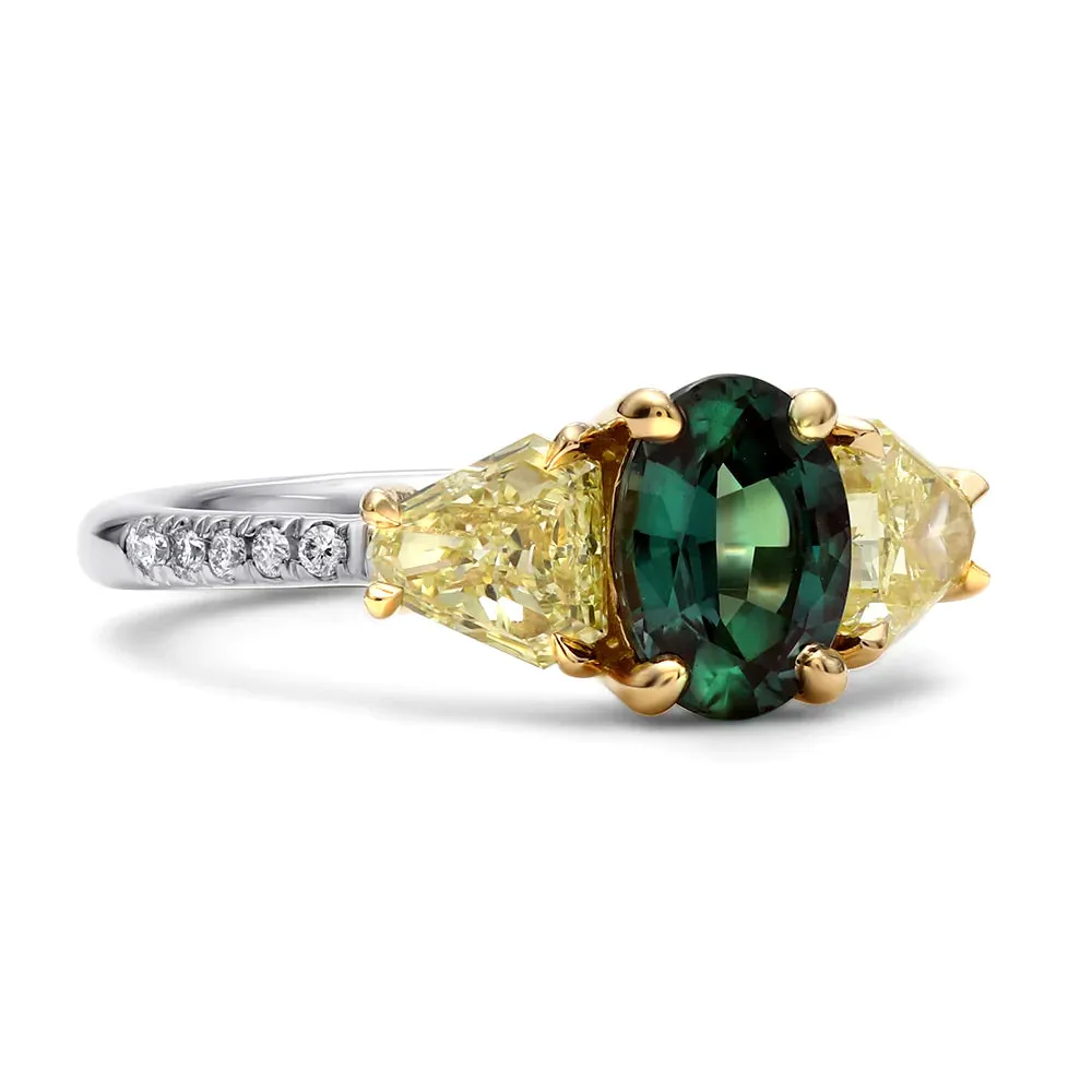 Alexandrite and Shield Yellow Diamond Three Stone Ring