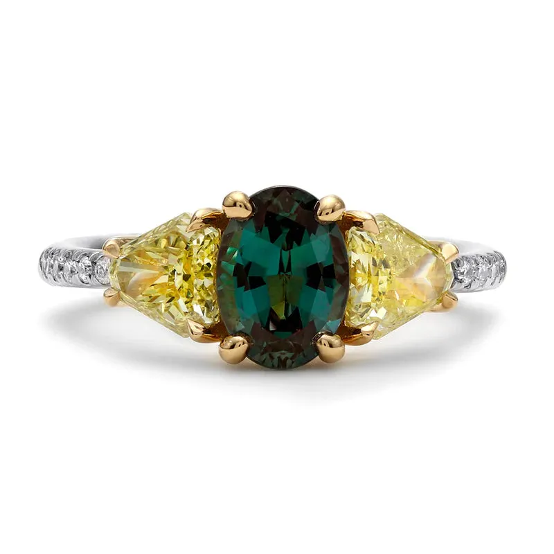 Alexandrite and Shield Yellow Diamond Three Stone Ring