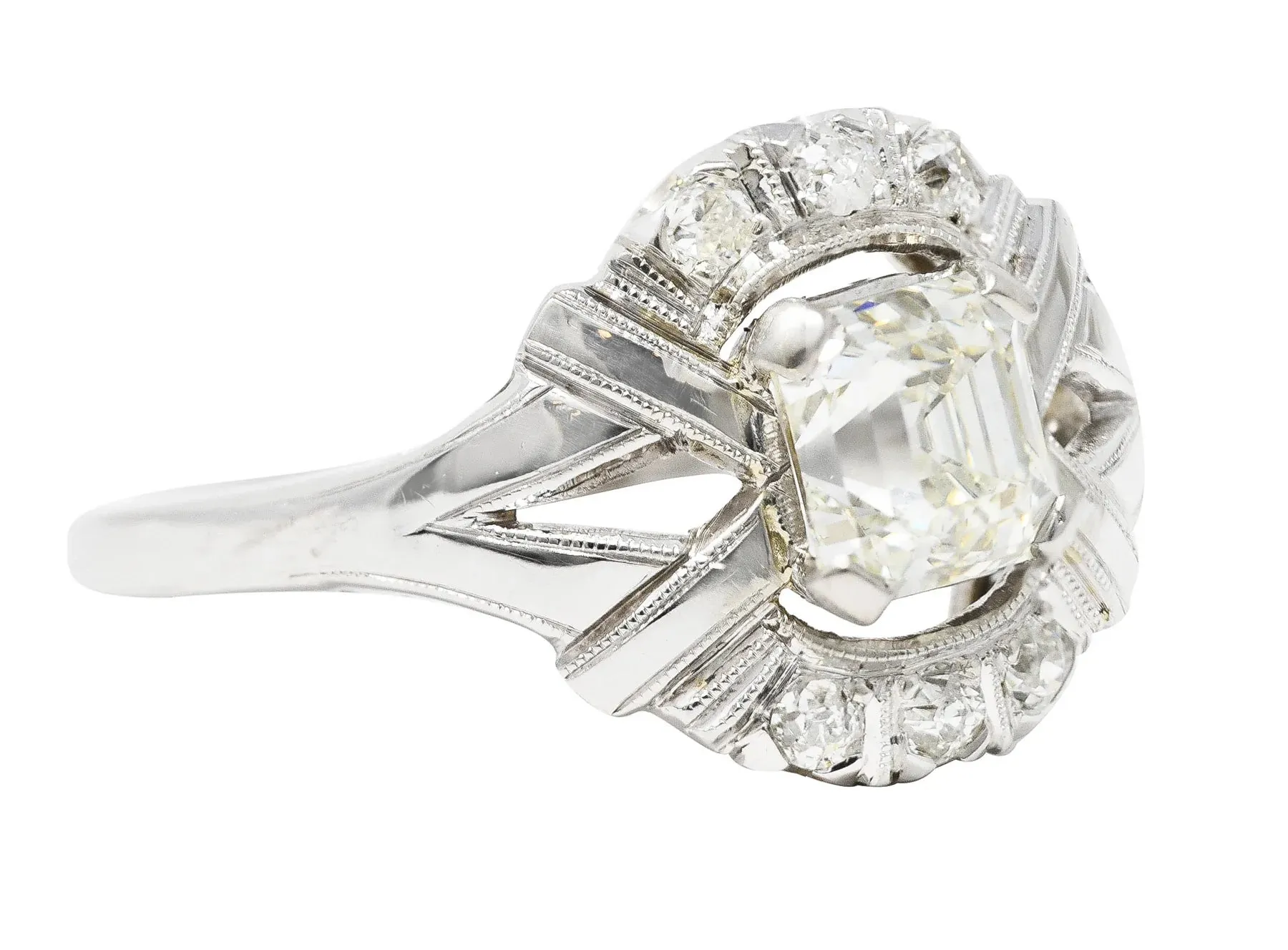ART DECO 1.20 CTW ASSCHER CUT DIAMOND 14 KARAT WHITE GOLD CLUSTER ANTIQUE ALTERNATIVE RING