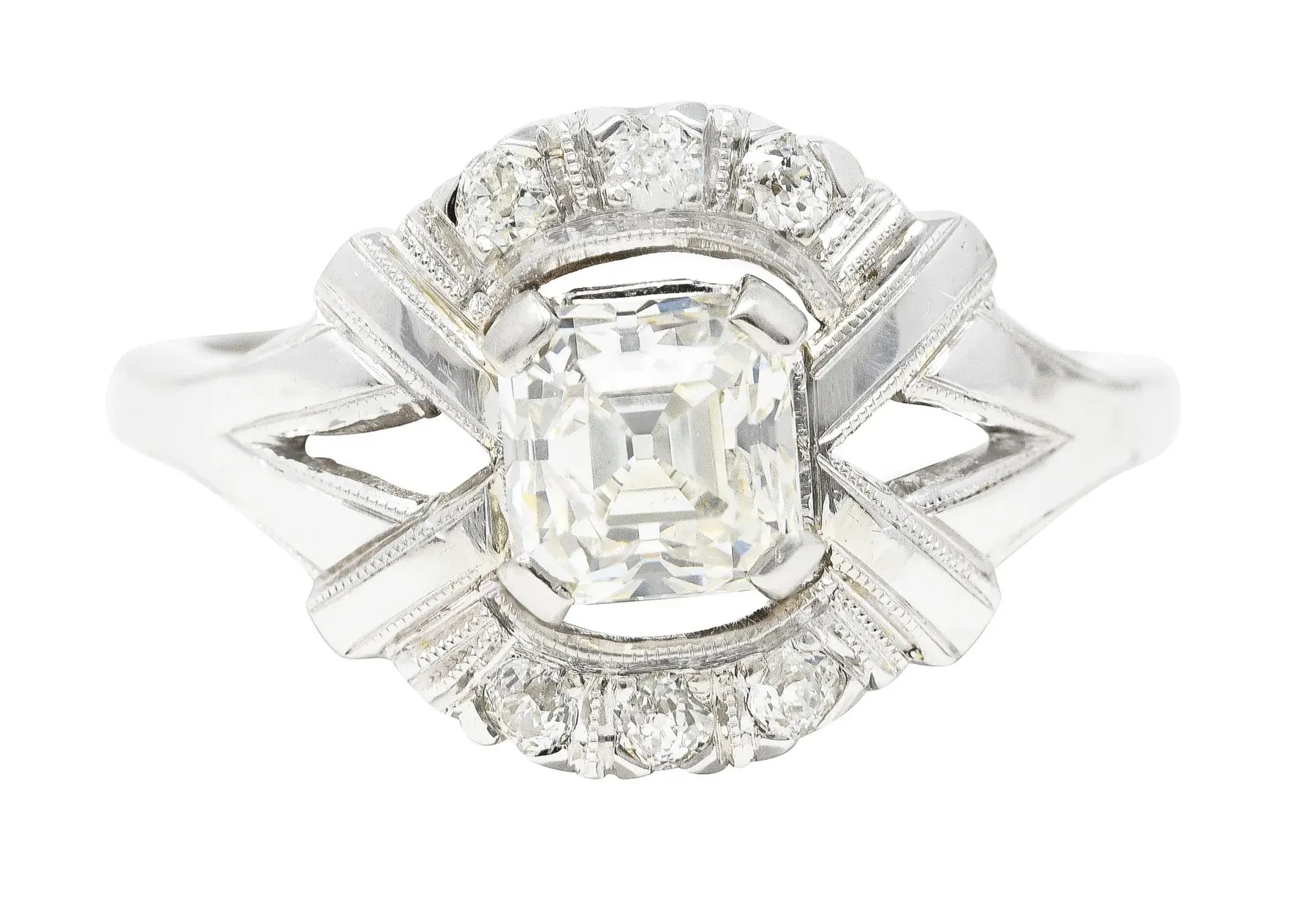 ART DECO 1.20 CTW ASSCHER CUT DIAMOND 14 KARAT WHITE GOLD CLUSTER ANTIQUE ALTERNATIVE RING