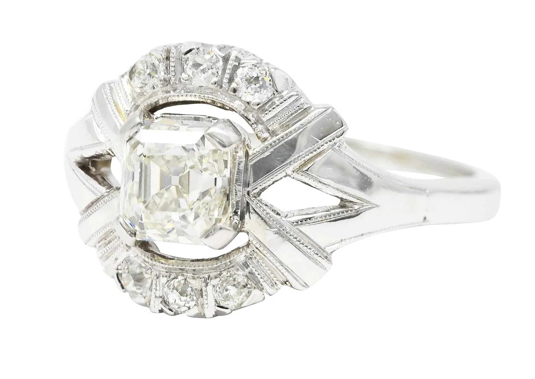 ART DECO 1.20 CTW ASSCHER CUT DIAMOND 14 KARAT WHITE GOLD CLUSTER ANTIQUE ALTERNATIVE RING
