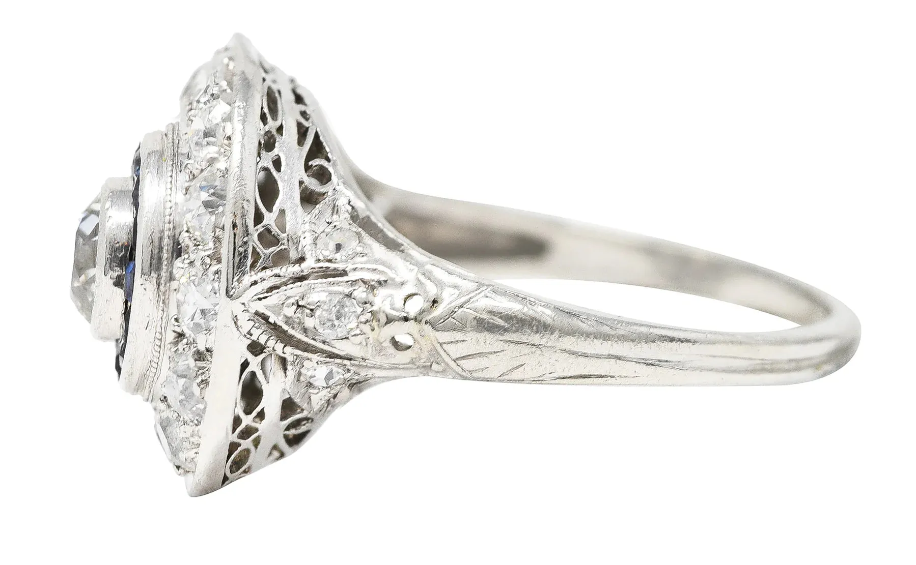 ART DECO 1.44 CTW OLD EUROPEAN CUT DIAMOND SAPPHIRE PLATINUM DOUBLE HALO RING