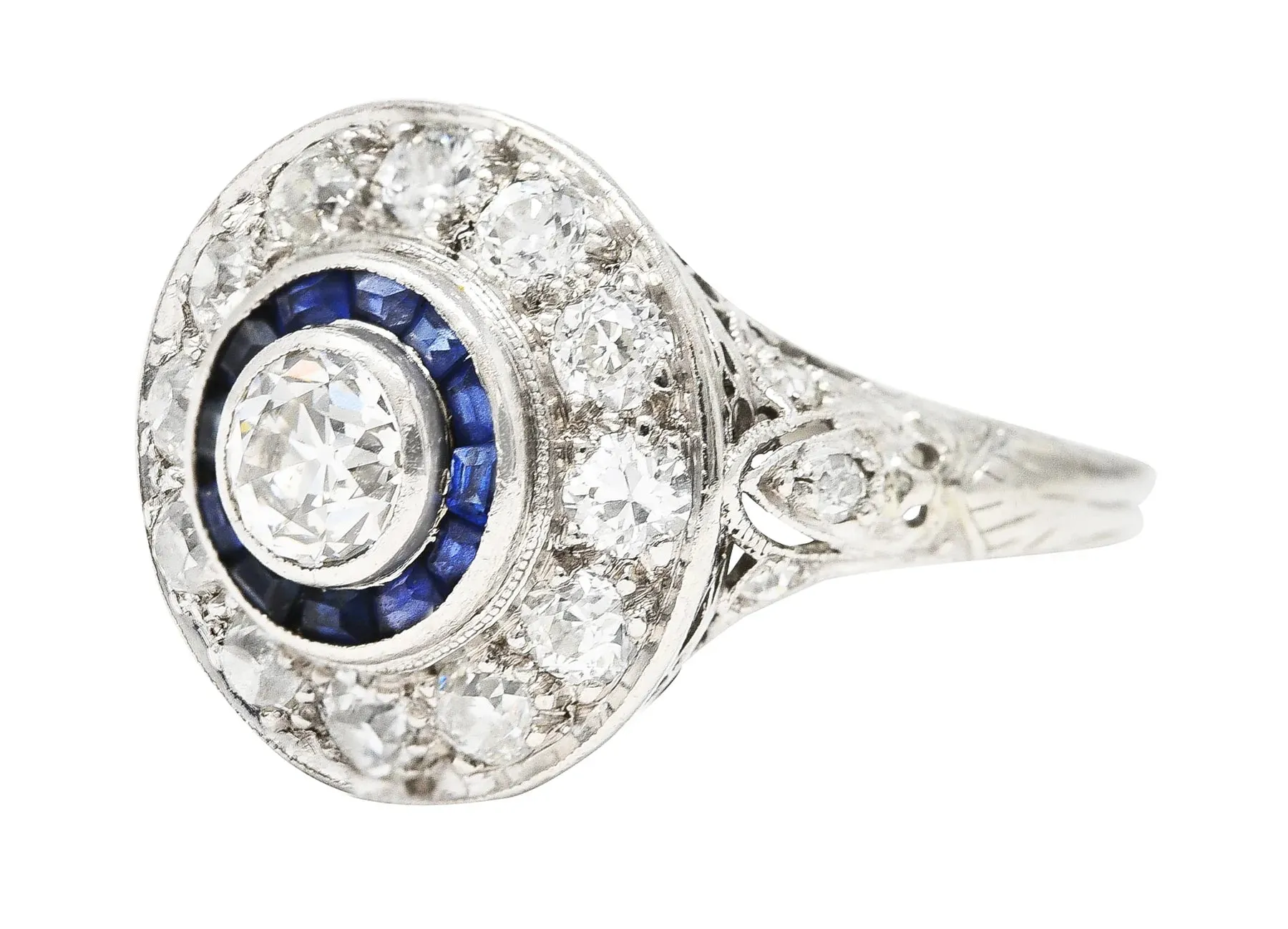 ART DECO 1.44 CTW OLD EUROPEAN CUT DIAMOND SAPPHIRE PLATINUM DOUBLE HALO RING