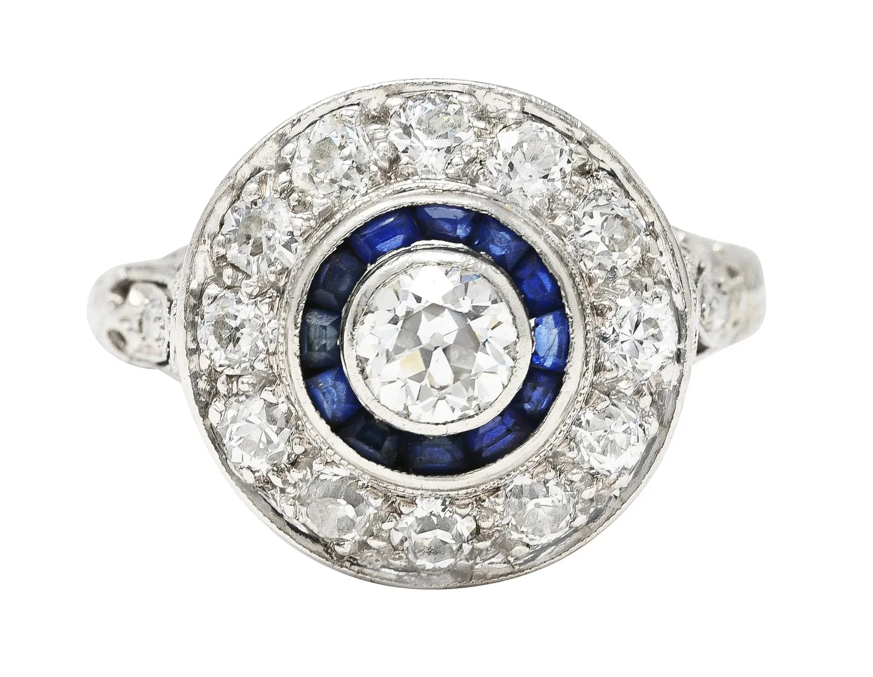 ART DECO 1.44 CTW OLD EUROPEAN CUT DIAMOND SAPPHIRE PLATINUM DOUBLE HALO RING