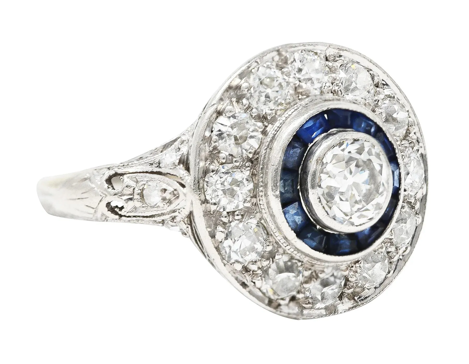 ART DECO 1.44 CTW OLD EUROPEAN CUT DIAMOND SAPPHIRE PLATINUM DOUBLE HALO RING