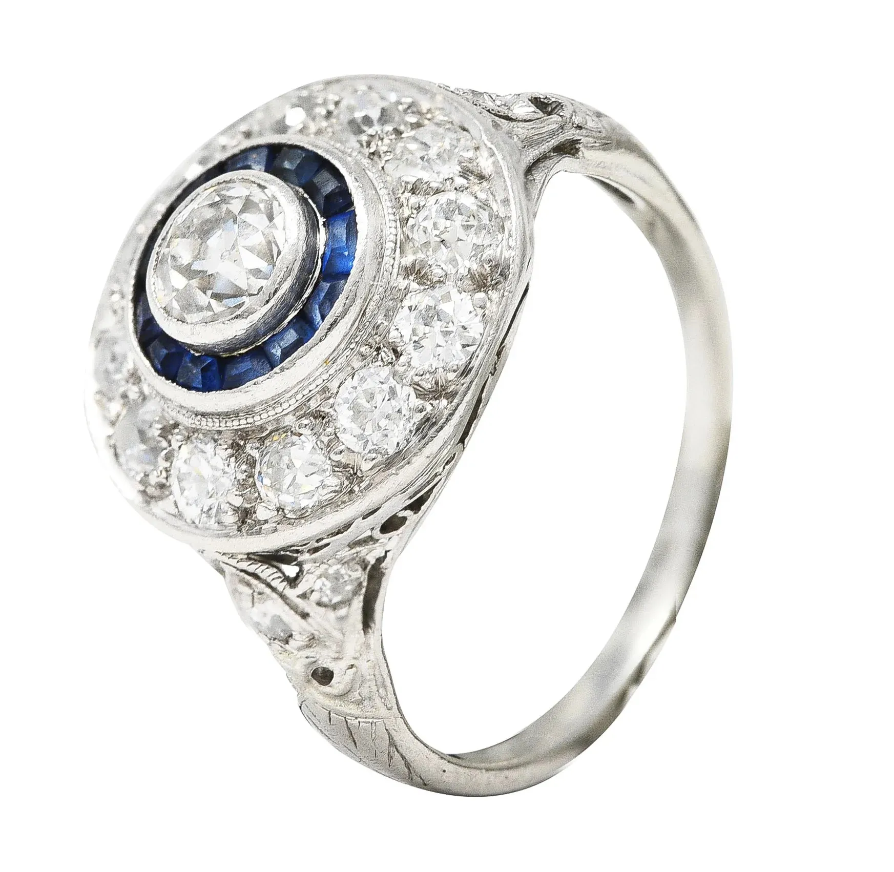 ART DECO 1.44 CTW OLD EUROPEAN CUT DIAMOND SAPPHIRE PLATINUM DOUBLE HALO RING