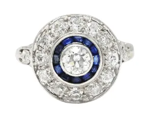 ART DECO 1.44 CTW OLD EUROPEAN CUT DIAMOND SAPPHIRE PLATINUM DOUBLE HALO RING