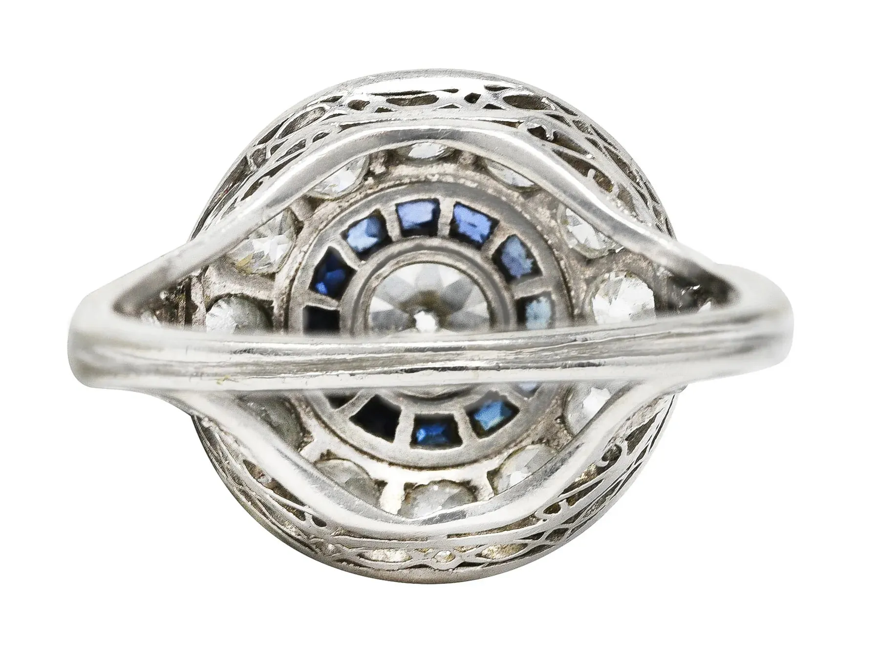 ART DECO 1.44 CTW OLD EUROPEAN CUT DIAMOND SAPPHIRE PLATINUM DOUBLE HALO RING
