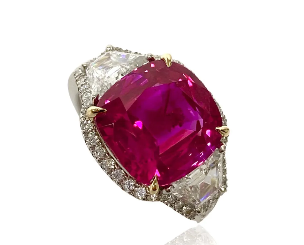 BURMA RUBY CUSHION CUT RING 7.16 CRT