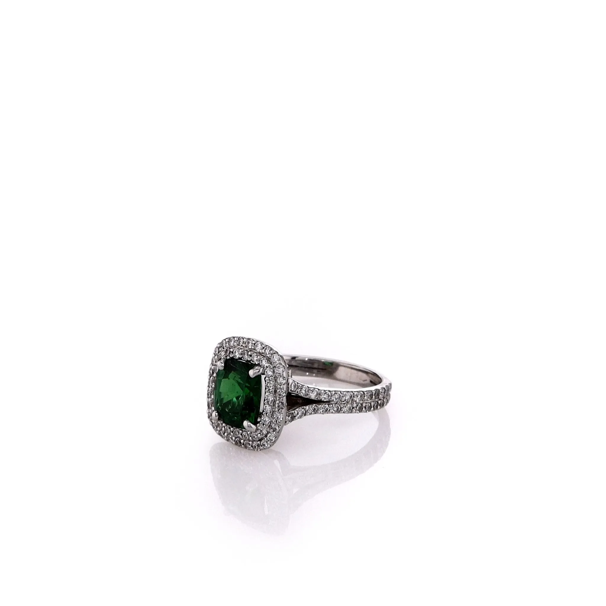 Estate 14k White Gold Tsavorite Chip and Diamond Double Halo Ring