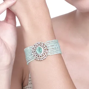 Estele Rhodium Plated CZ Gorgeous Multi-Layered Bracelet with Mint Green Stones for Women