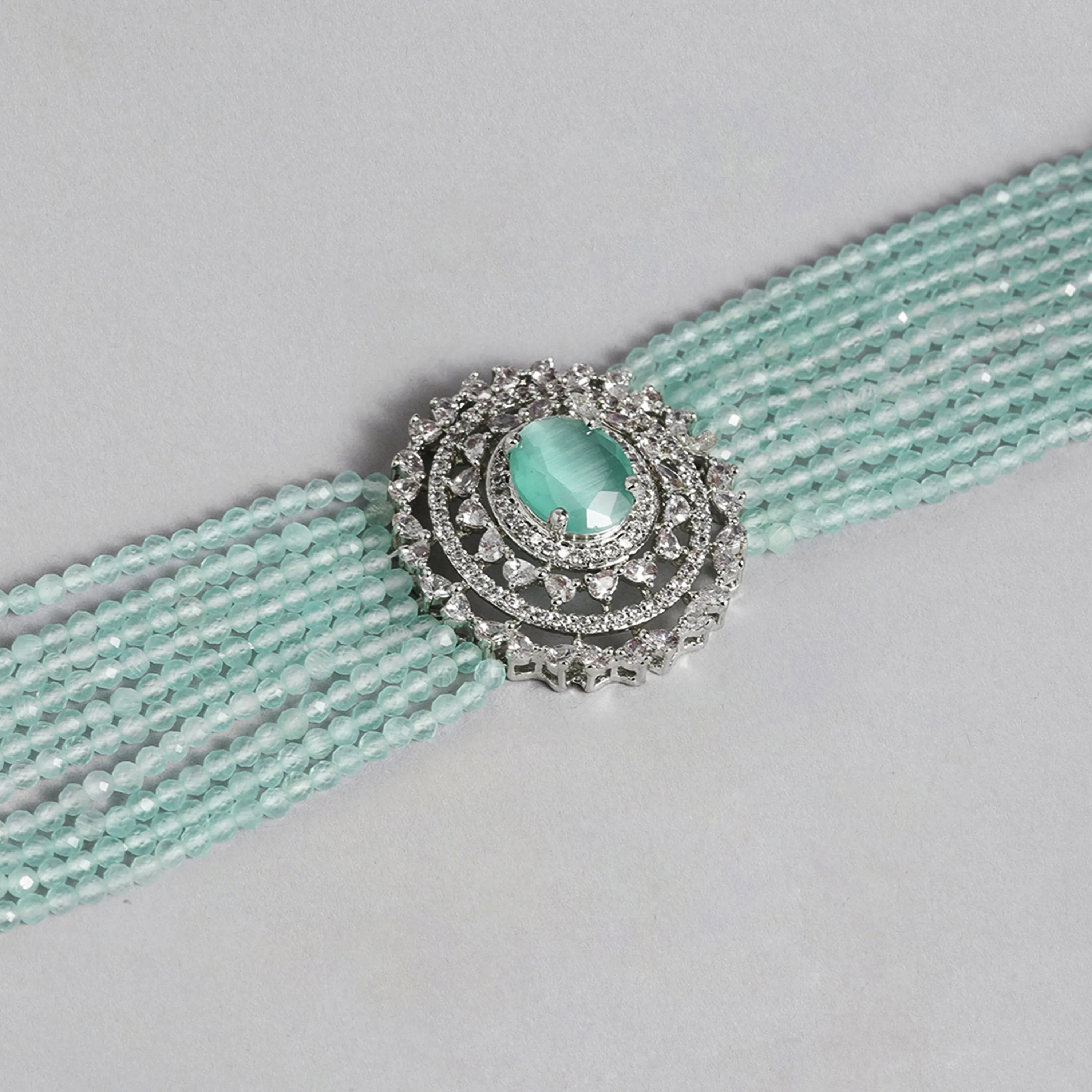 Estele Rhodium Plated CZ Gorgeous Multi-Layered Bracelet with Mint Green Stones for Women