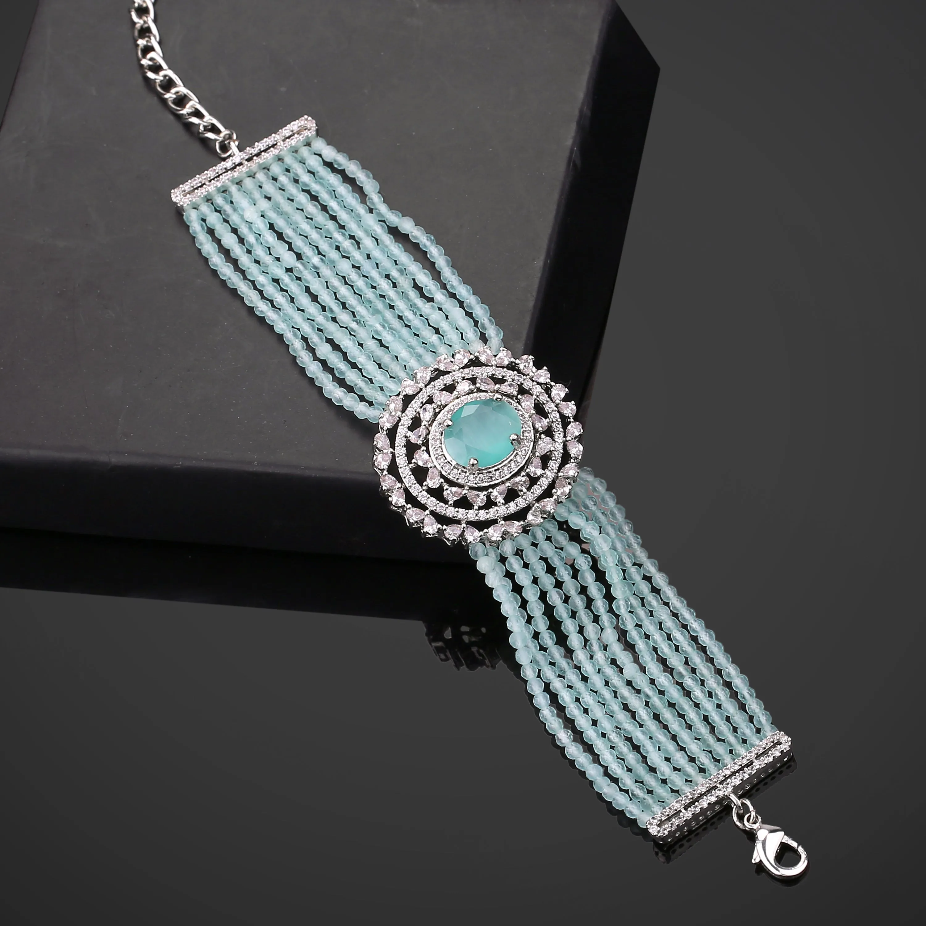 Estele Rhodium Plated CZ Gorgeous Multi-Layered Bracelet with Mint Green Stones for Women