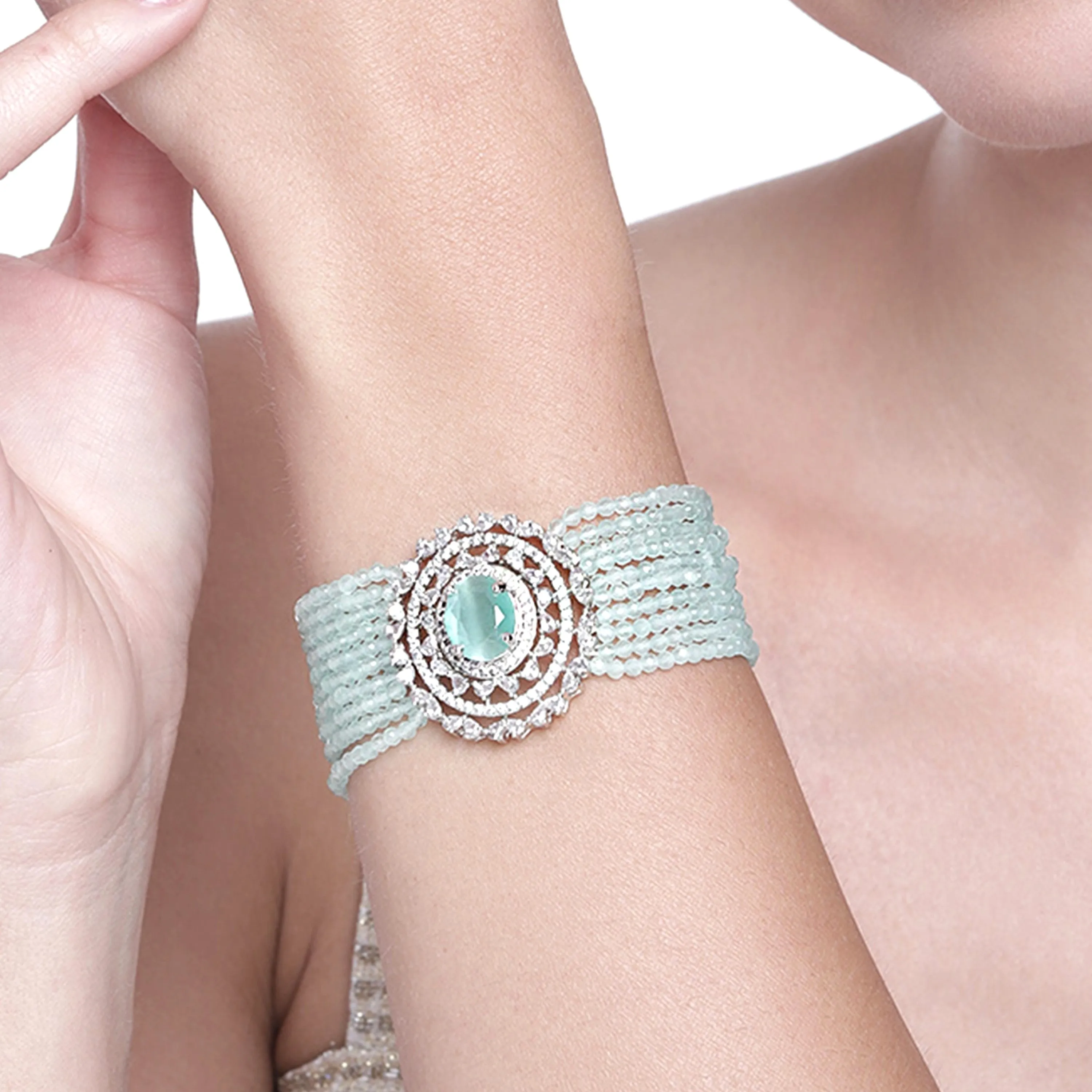 Estele Rhodium Plated CZ Gorgeous Multi-Layered Bracelet with Mint Green Stones for Women