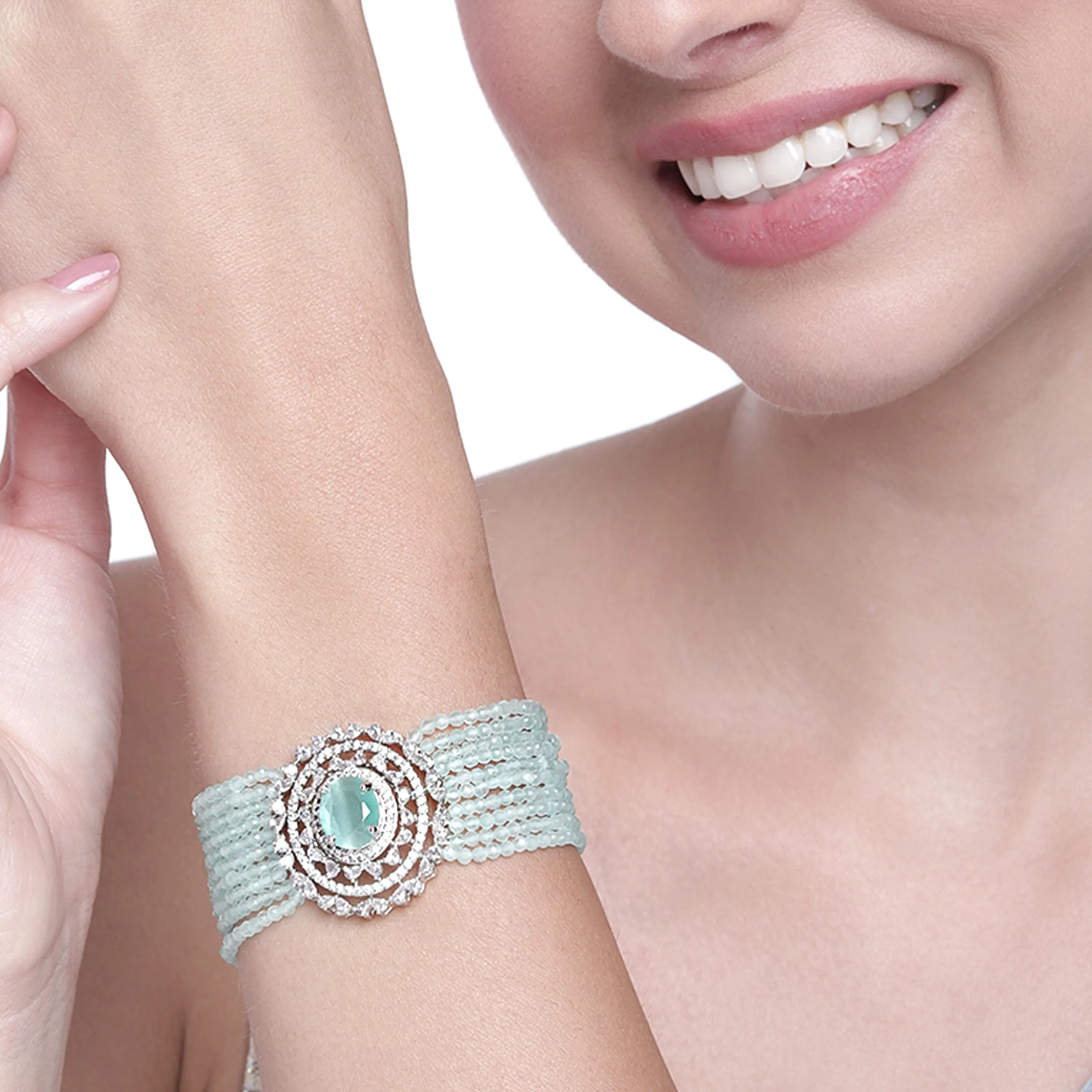 Estele Rhodium Plated CZ Gorgeous Multi-Layered Bracelet with Mint Green Stones for Women