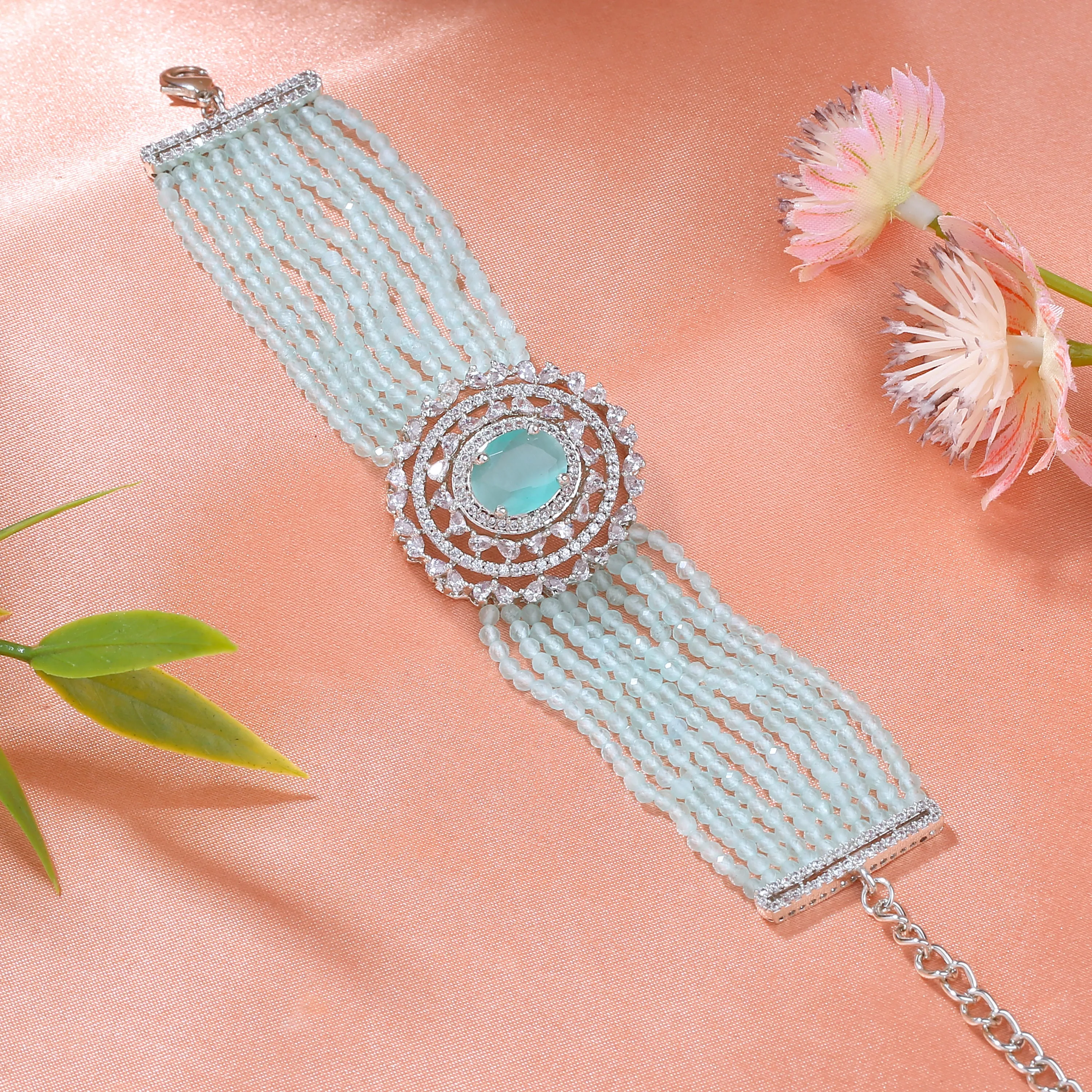 Estele Rhodium Plated CZ Gorgeous Multi-Layered Bracelet with Mint Green Stones for Women