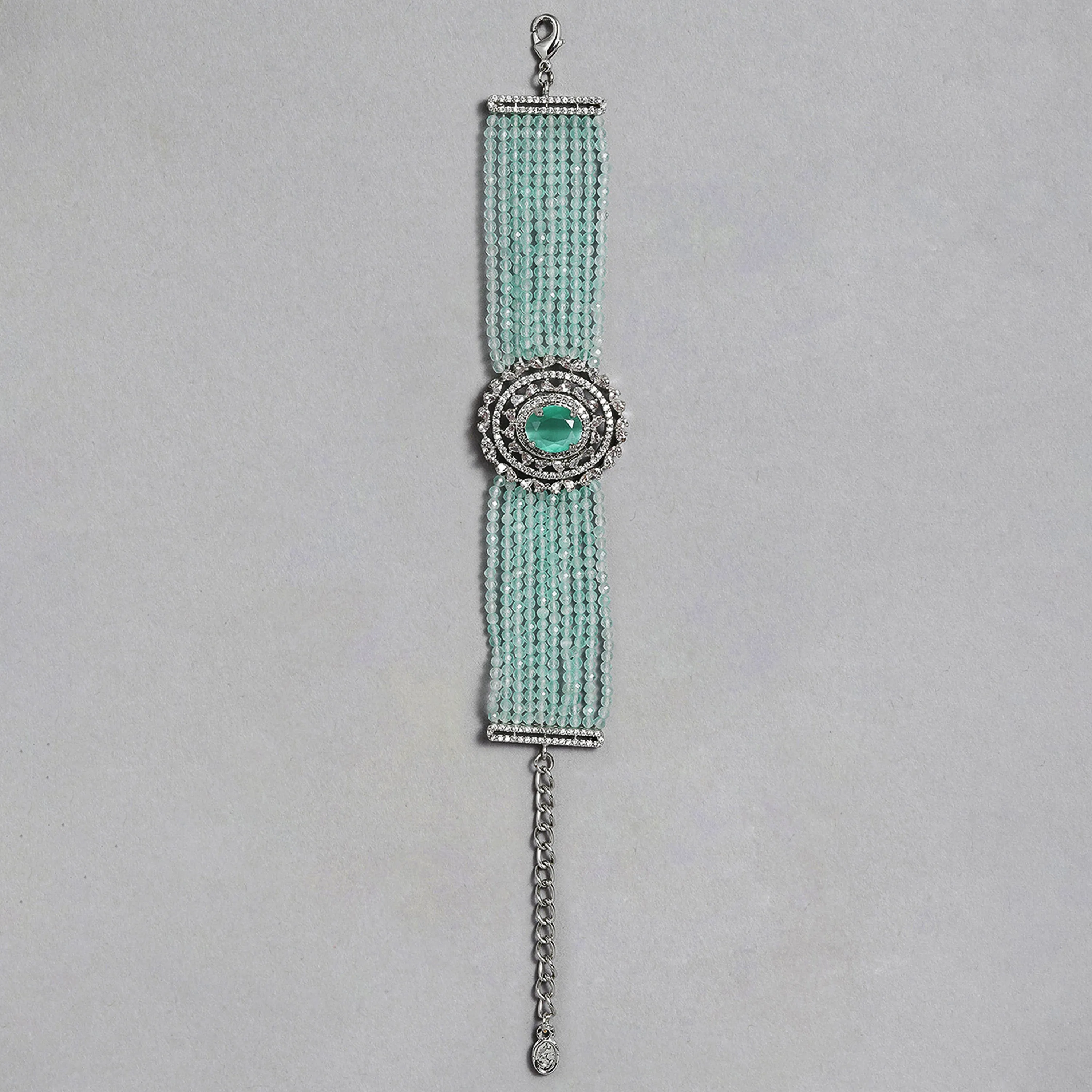 Estele Rhodium Plated CZ Gorgeous Multi-Layered Bracelet with Mint Green Stones for Women