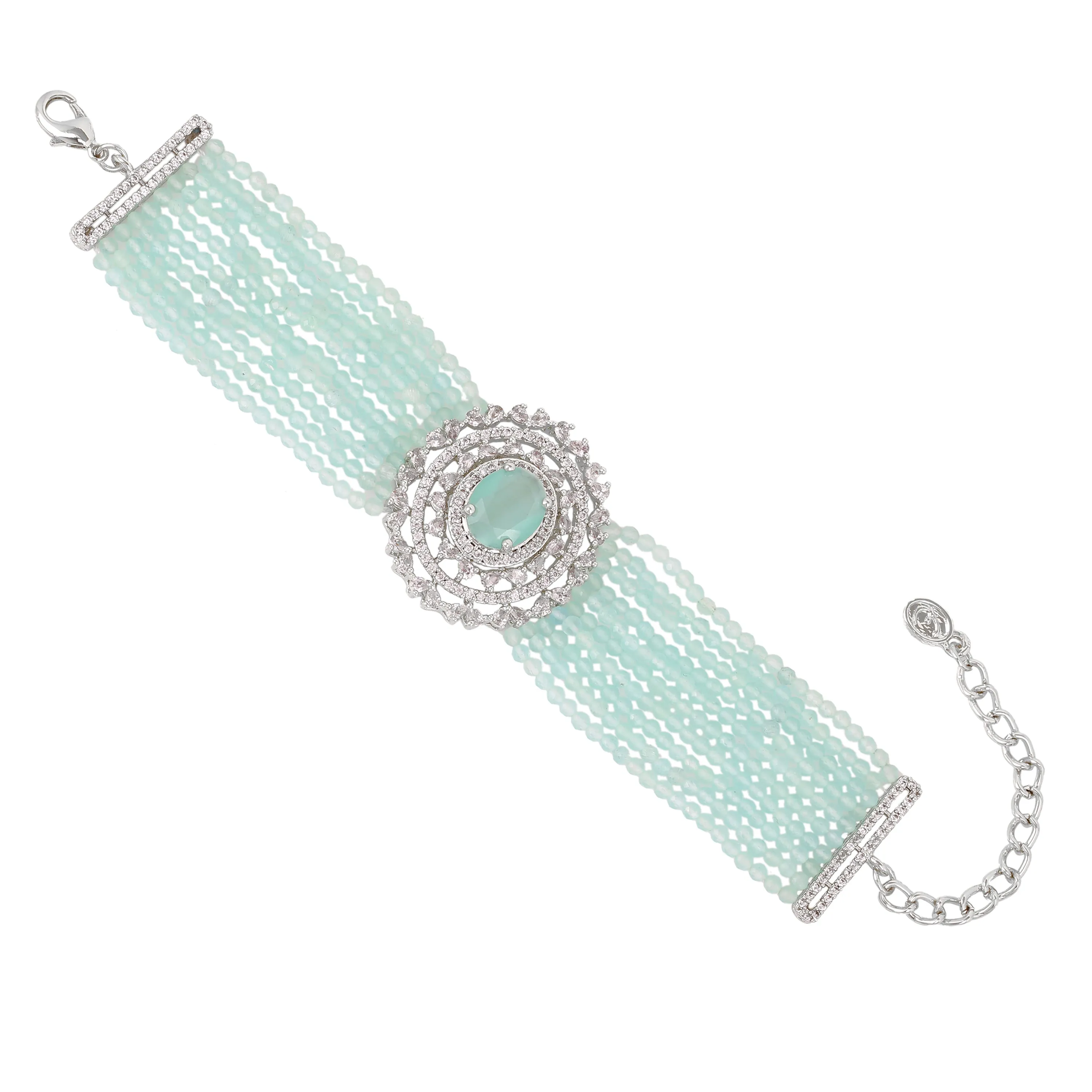 Estele Rhodium Plated CZ Gorgeous Multi-Layered Bracelet with Mint Green Stones for Women
