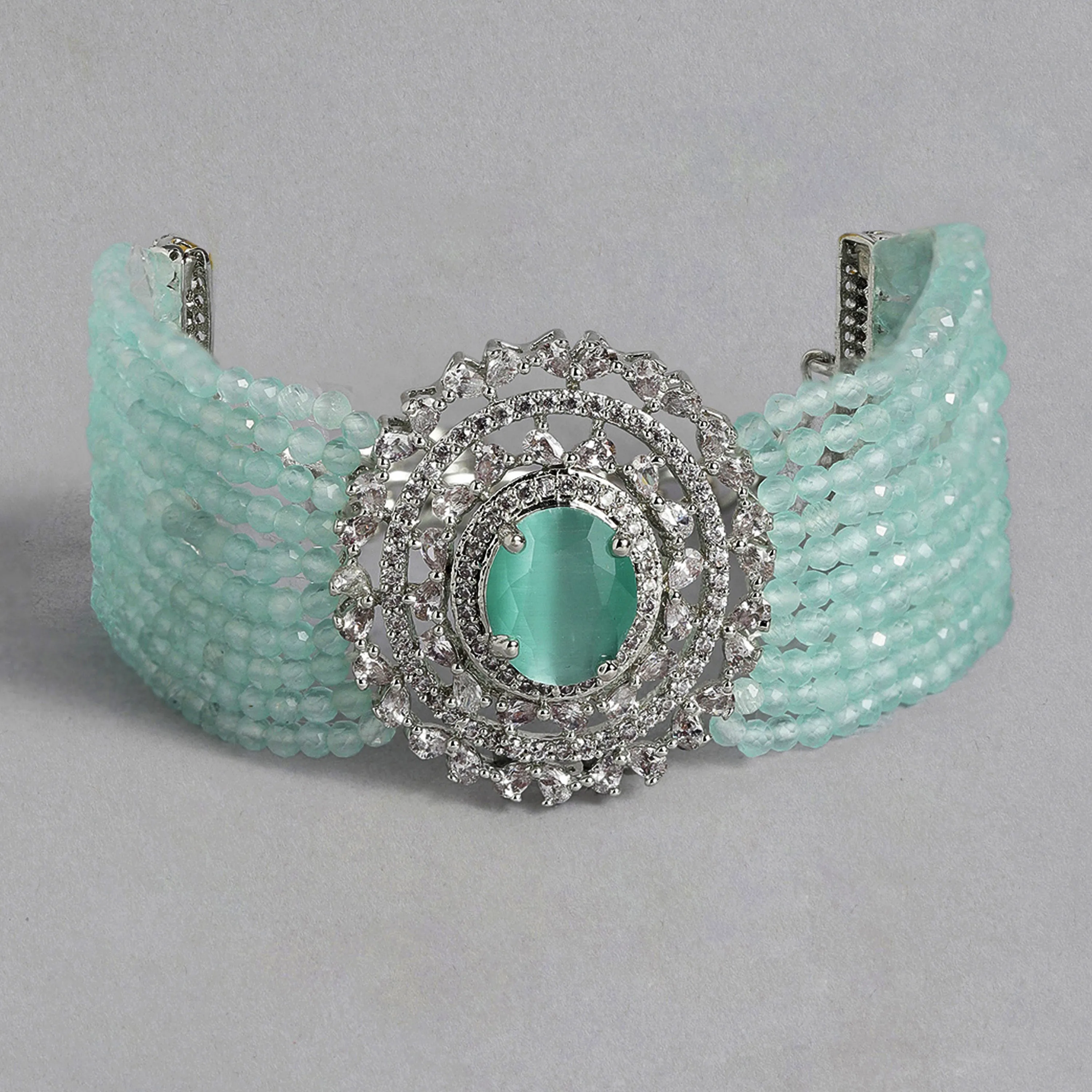 Estele Rhodium Plated CZ Gorgeous Multi-Layered Bracelet with Mint Green Stones for Women