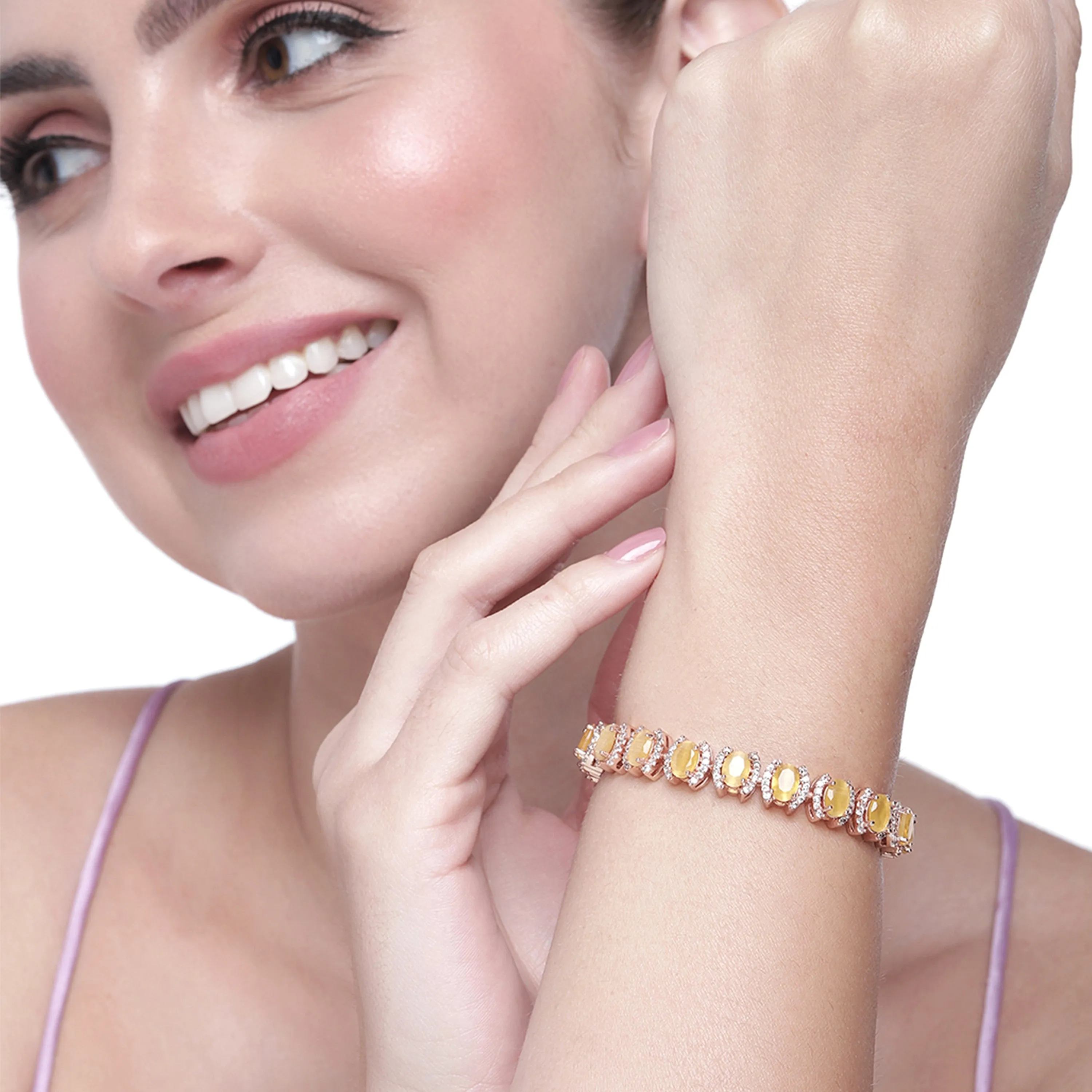 Estele Rose Gold Plated CZ Fascinating Designer Bracelet with Mint yellow Stones for Girls/Women