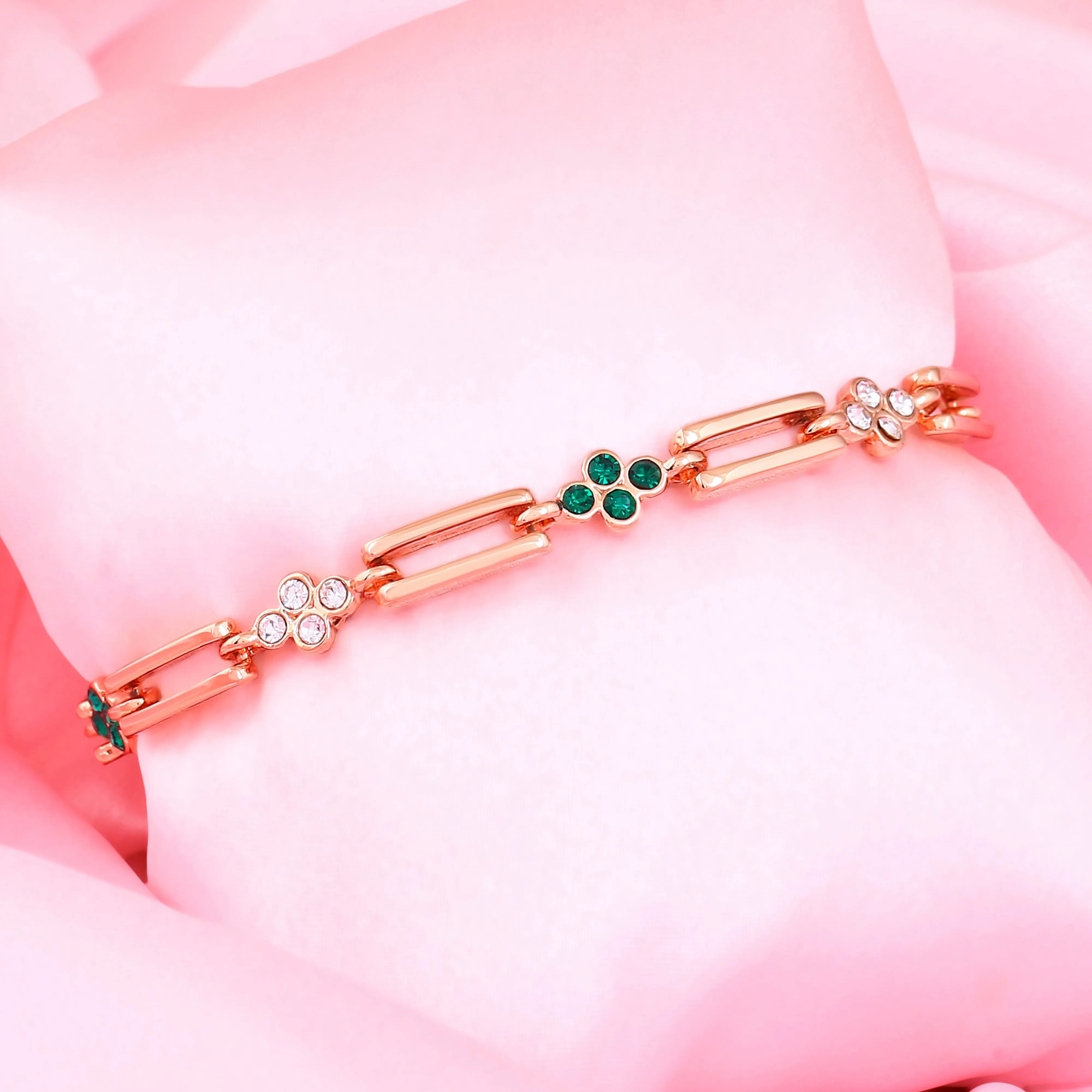 Estele Rose Gold Plated Flower Designer Link Bracelet with Crystals for Women